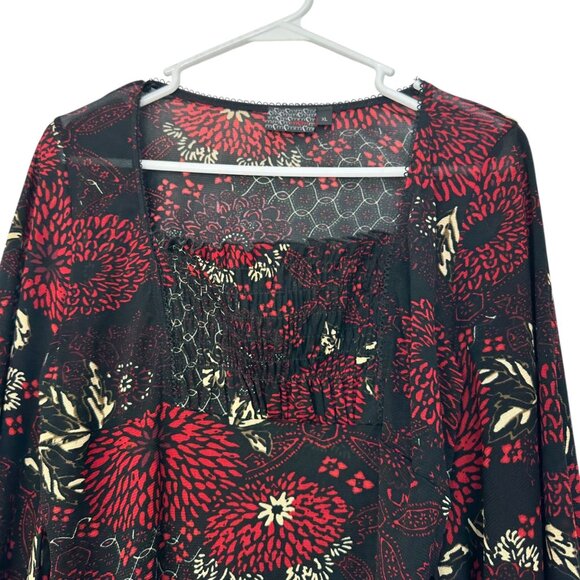 MCM Y2K Vintage Women Black & Red Floral Goth Top SZ XL Bell Asymmetric Sleeve - Picture 14 of 16